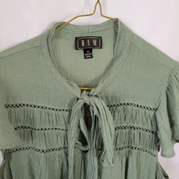 O.L.M. Medium Green Top Front Tie Gauze BOHO flutter sleeves crochet hippie EUC - Picture 4 of 10